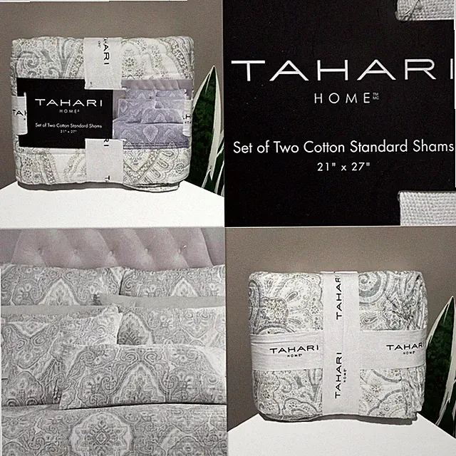 SET OF 2 New TAHARI HOME Grayish Blue Taupe Damask Quilted Standard Cotton Shams