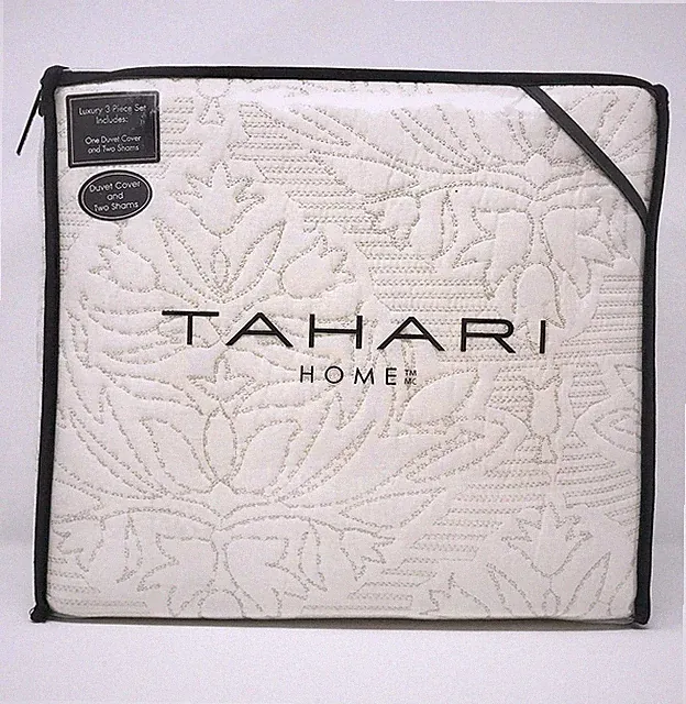 Tahari Damask Medallion Cotton Quilted Textured Duvet Cover Set Ivory King Queen