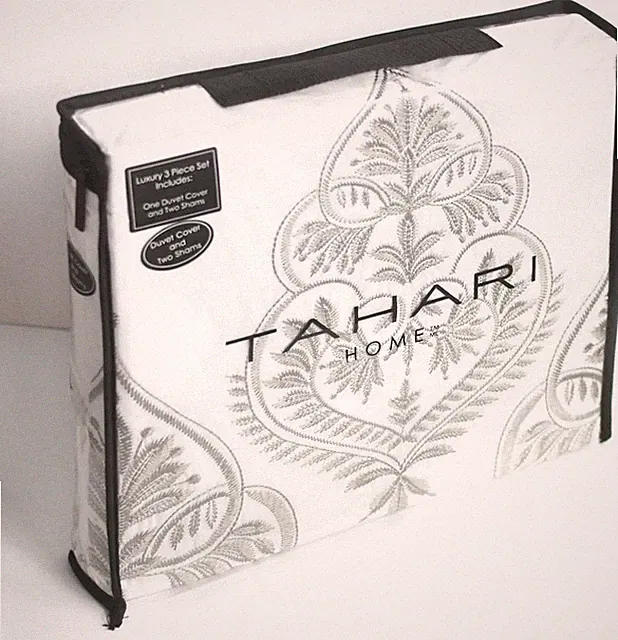 Tahari Embroidery Cotton Duvet Cover Medallion Floral Damask Textured White Grey
