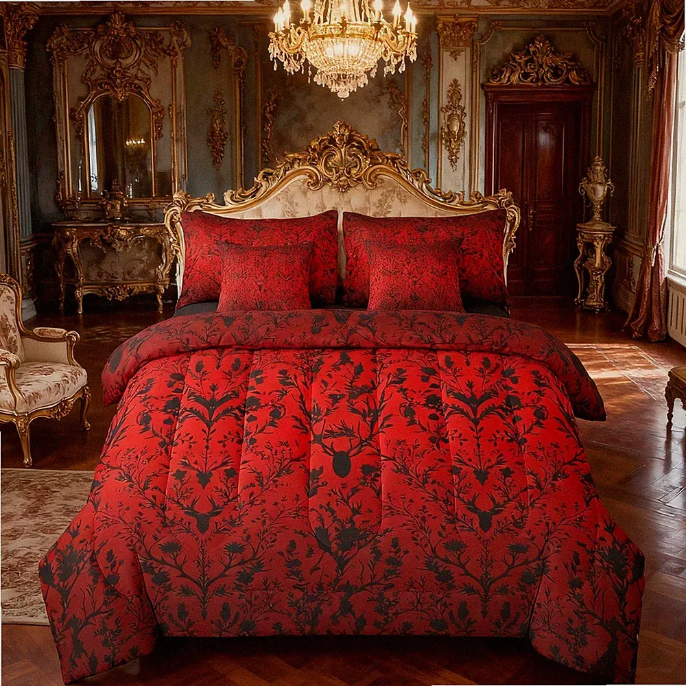 Victorian Black Damask Bedding Set - 7 Piece Gothic Floral Comforter Set