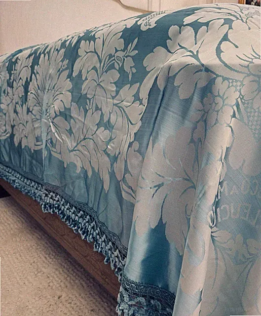 Vintage Italian Damask Coverlet Robins Egg Blue Fringe 83x102 NOS