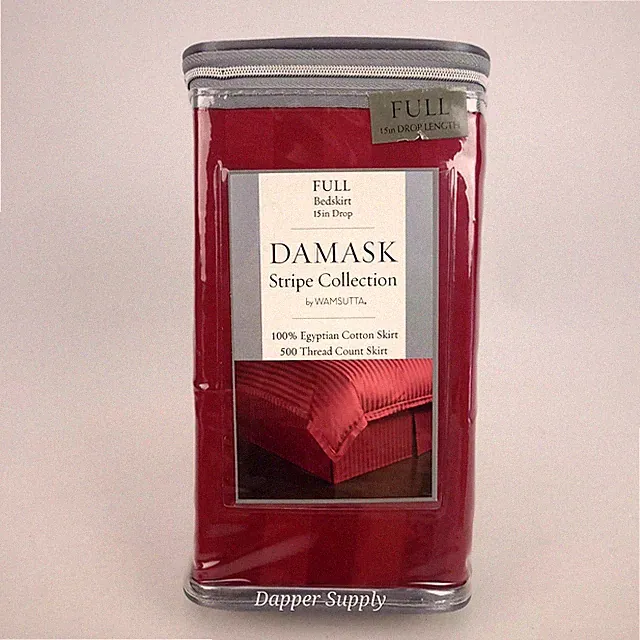 WAMSUTTA DAMASK Stripe Red Full Bedskirt Egyptian Cotton 15" Drop New