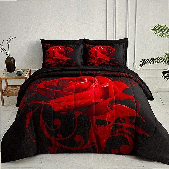 WONGS Floral Gold Black Queen King 7PC Comforter Set Soft Microfiber Bedding​